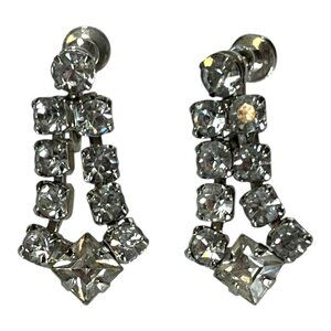 1940s Clear Crystal Rhinestone Drop Earrings Screw Back